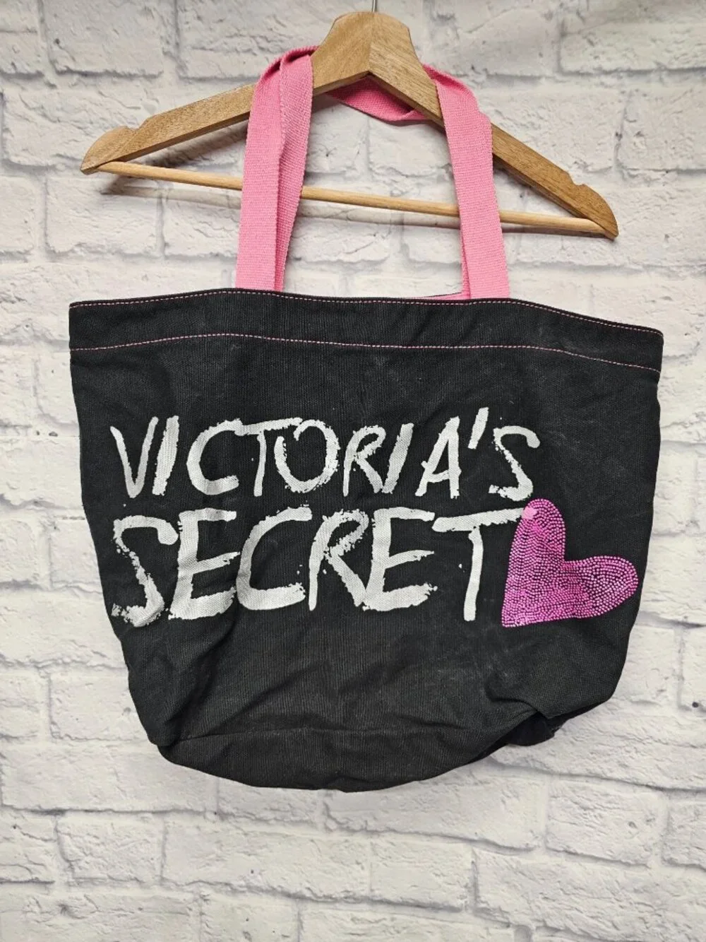 Victoria's Secret Black Pink Silver Shimmer Rhinestone Cloth Tote Open Bag